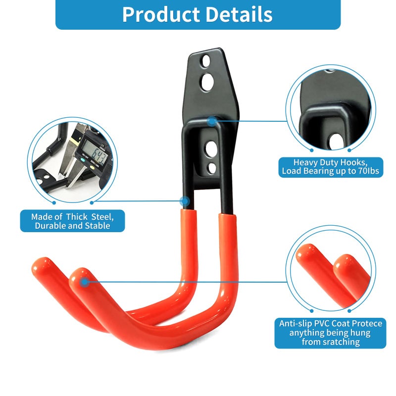 GeeWatom Garage Storage Utility Hooksï¼ŒGarage Garden Tool Organizerï¼ŒSteel Wall Mount Hooks, Large Garden U Hooks ï¼ˆ2 Packï¼‰ (Type-2-Orange) - Image 3